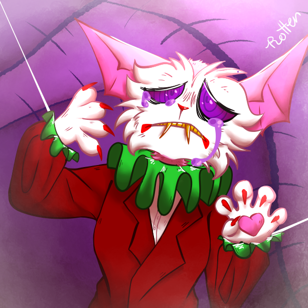 a digital drawing of Valrik from the waist up. It is looking at the viewer and is frowning and crying. both hands are suspended in the air by strings.